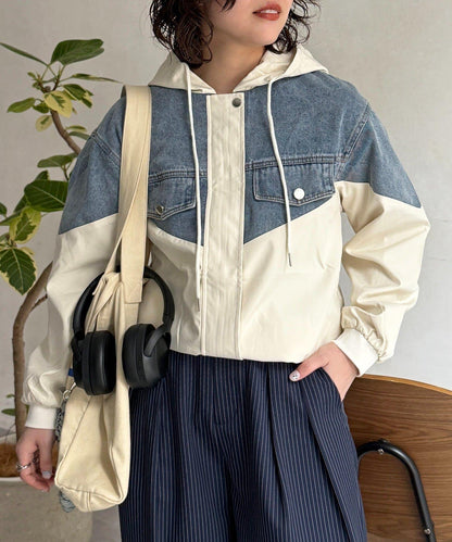 牛仔拼接連帽夾克