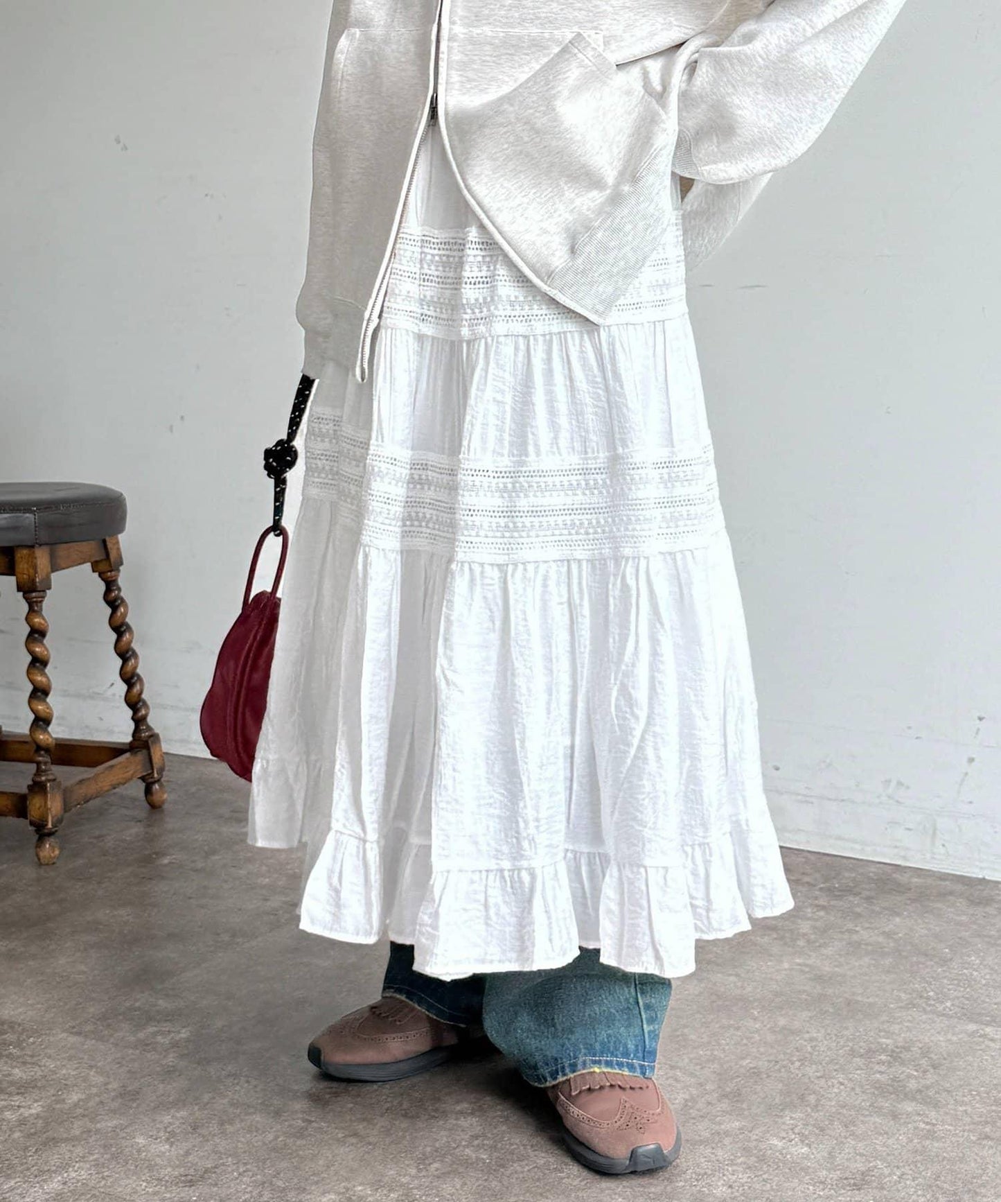 分段刺繡蕾絲半身裙