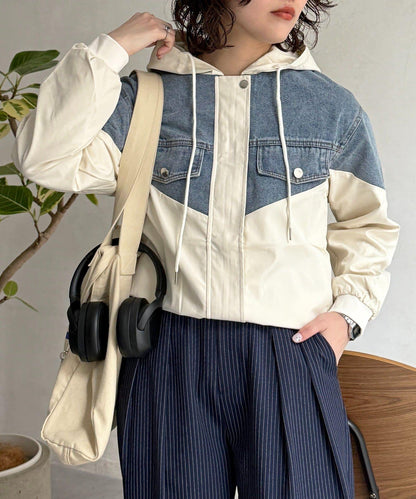 牛仔拼接連帽夾克