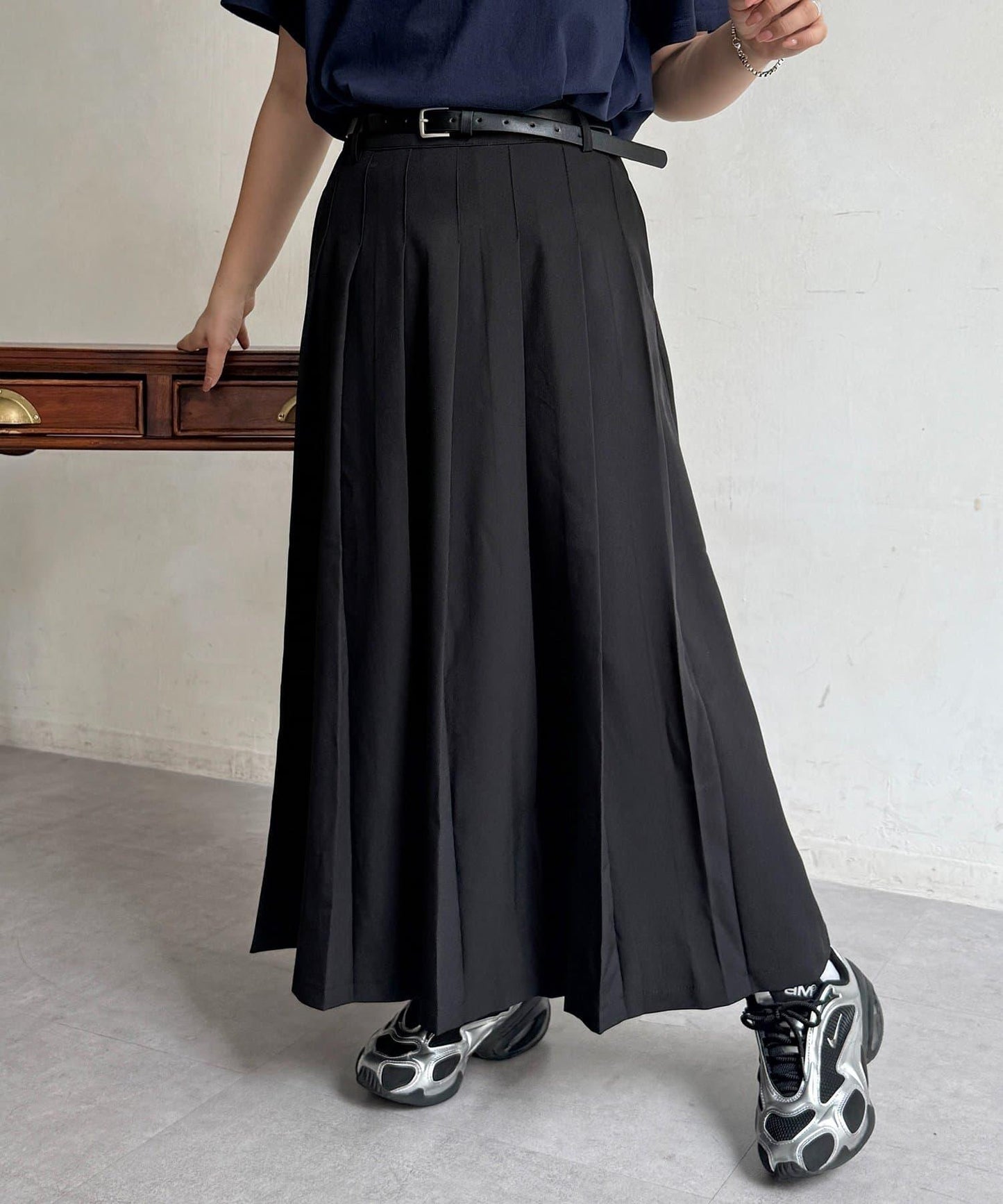 腰帶設計 百褶 半身裙