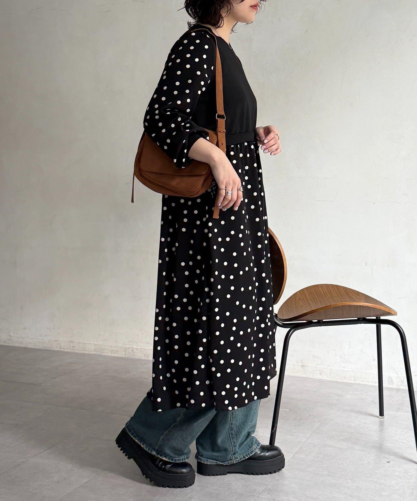 馬甲拼接波點連衣裙