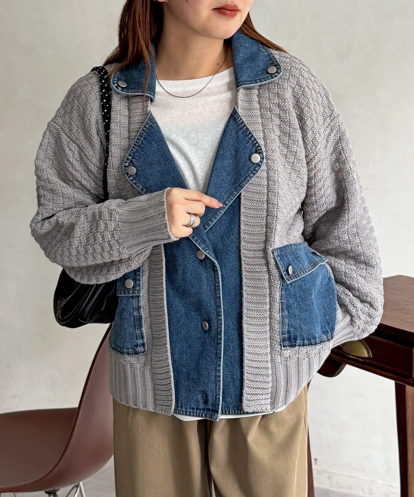 牛仔拼接針織機車夾克