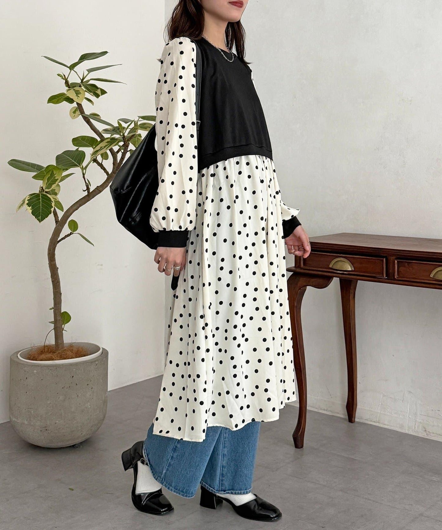 馬甲拼接波點連衣裙