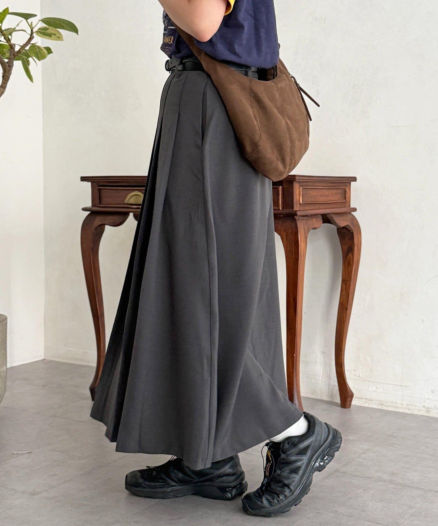 腰帶設計 百褶 半身裙