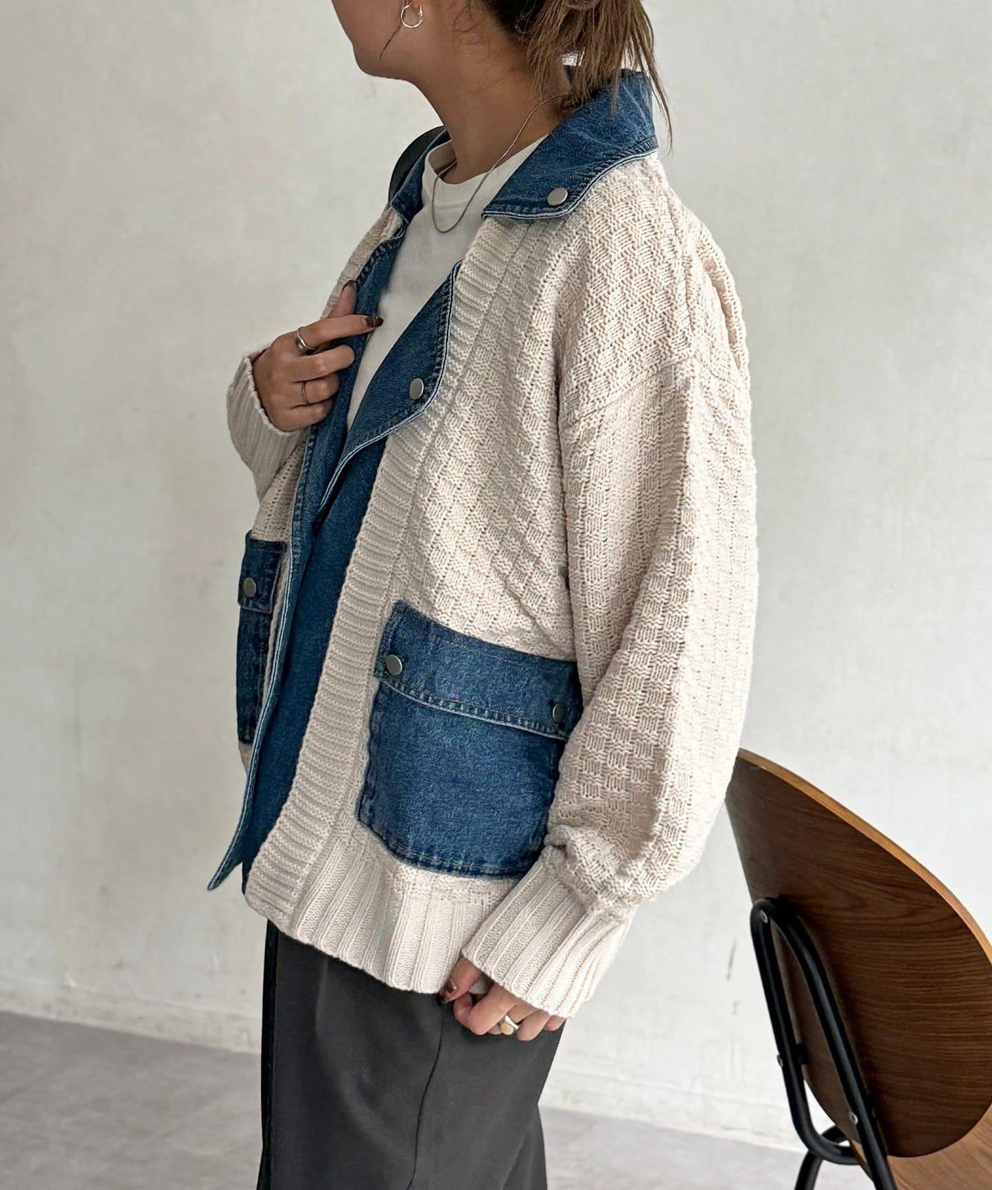 牛仔拼接針織機車夾克