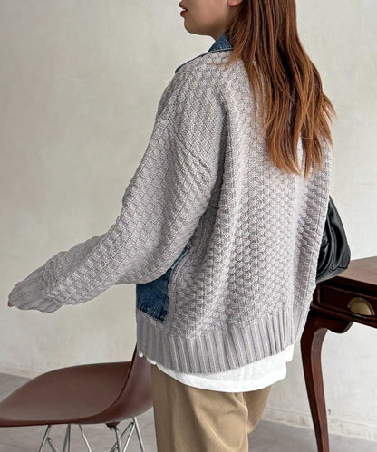 牛仔拼接針織機車夾克