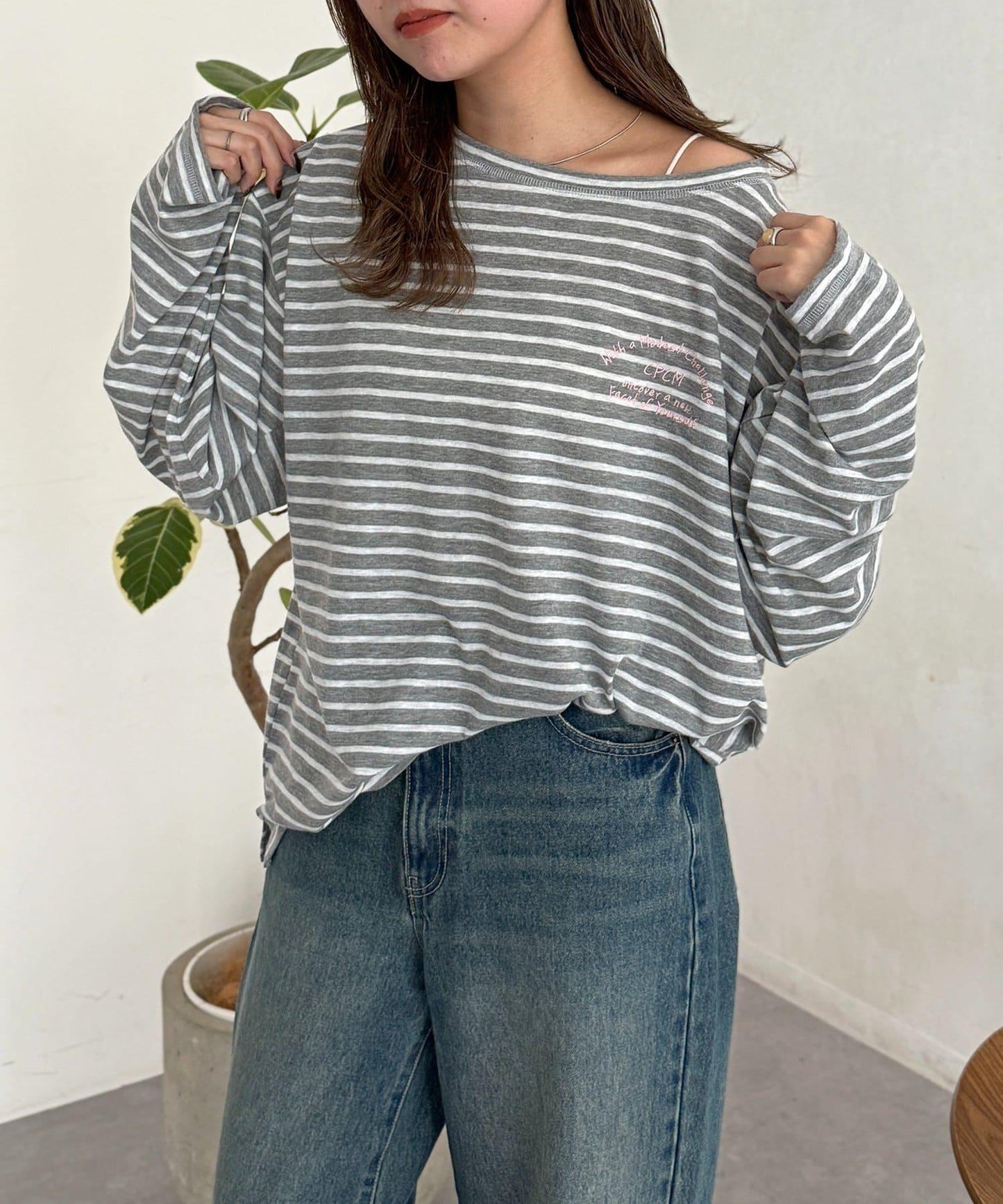 粗節透紗單肩長袖T恤