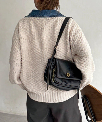 牛仔拼接針織機車夾克