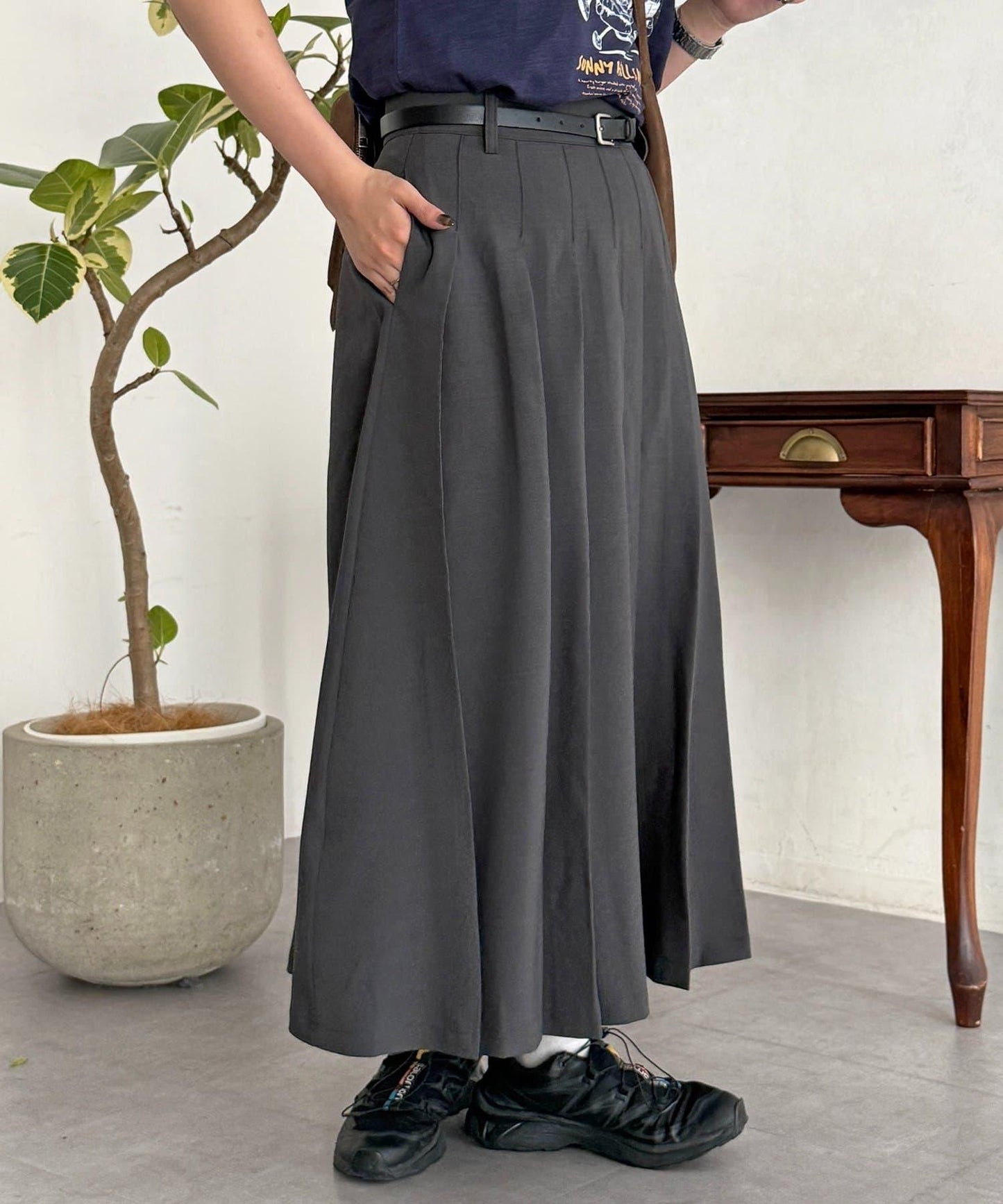 腰帶設計 百褶 半身裙