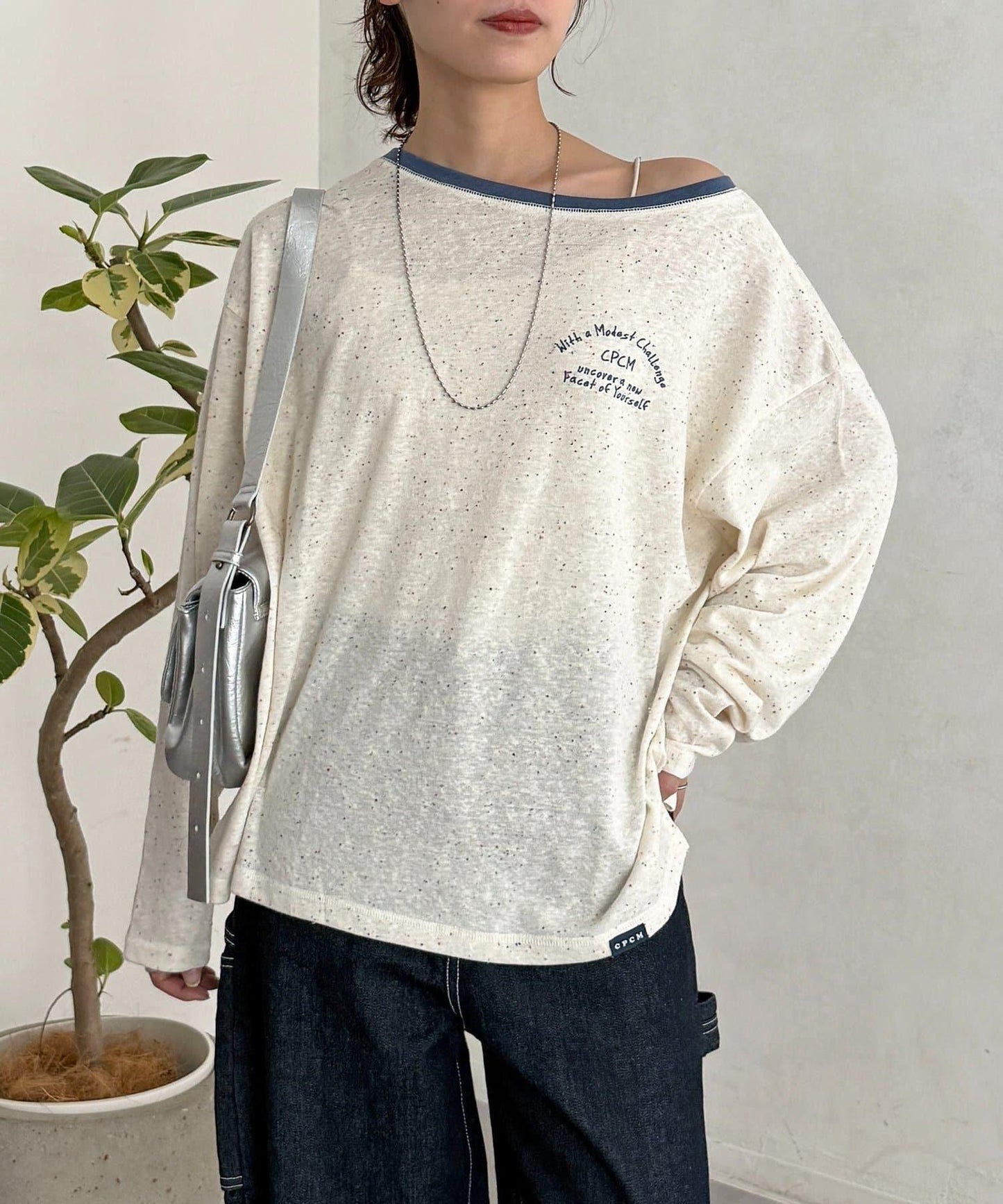 粗節透紗單肩長袖T恤