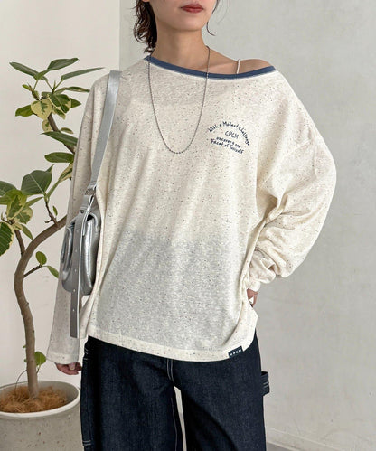 粗節透紗單肩長袖T恤