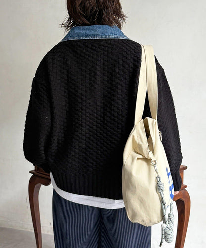 牛仔拼接針織機車夾克