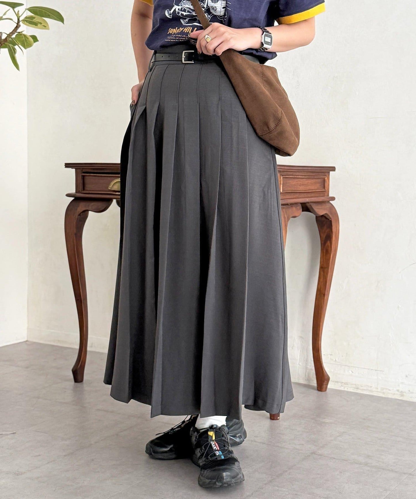 腰帶設計 百褶 半身裙