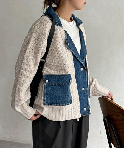 牛仔拼接針織機車夾克