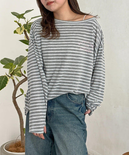 粗節透紗單肩長袖T恤