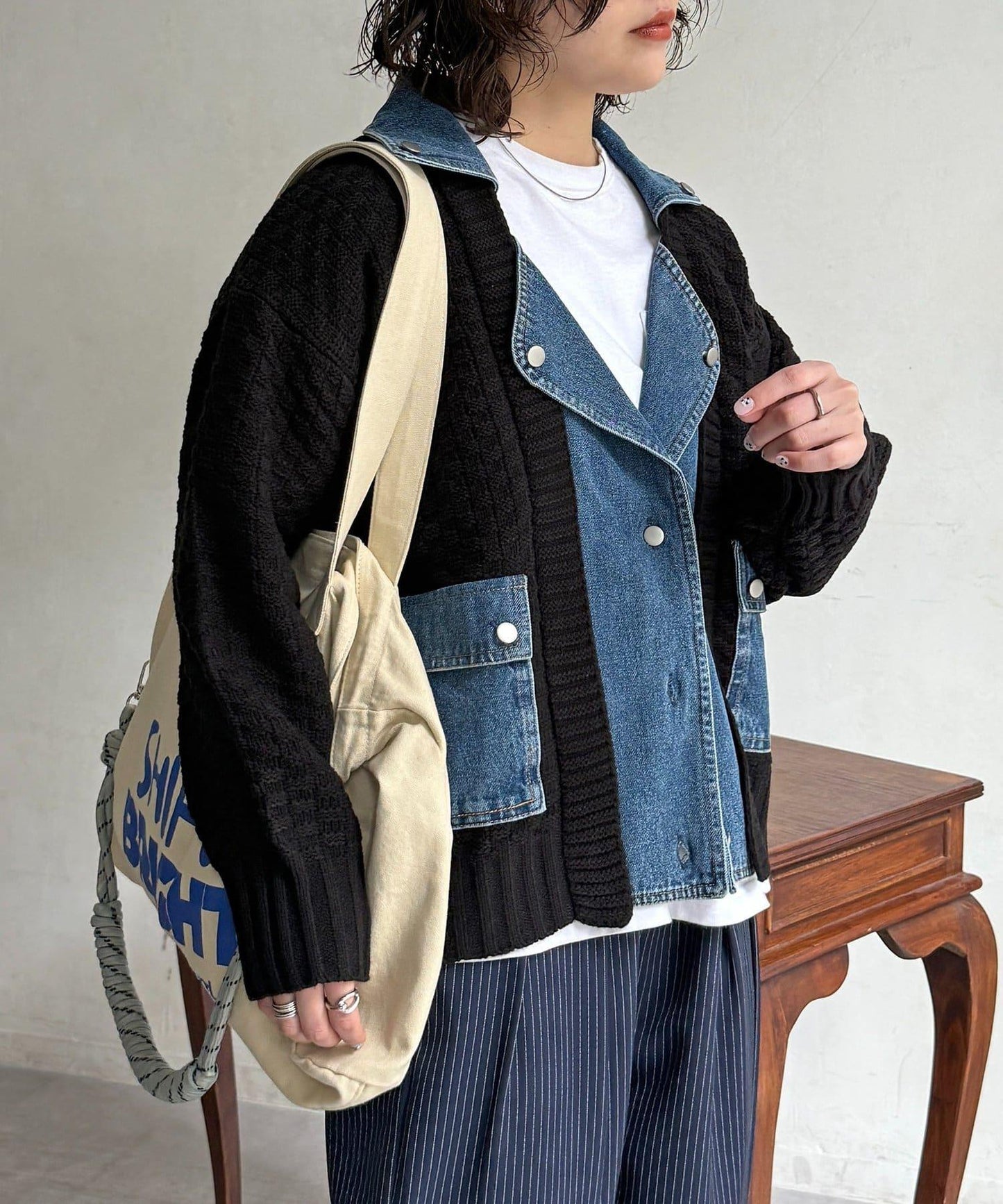 牛仔拼接針織機車夾克