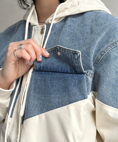 牛仔拼接連帽夾克