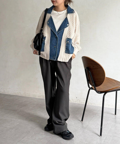 牛仔拼接針織機車夾克