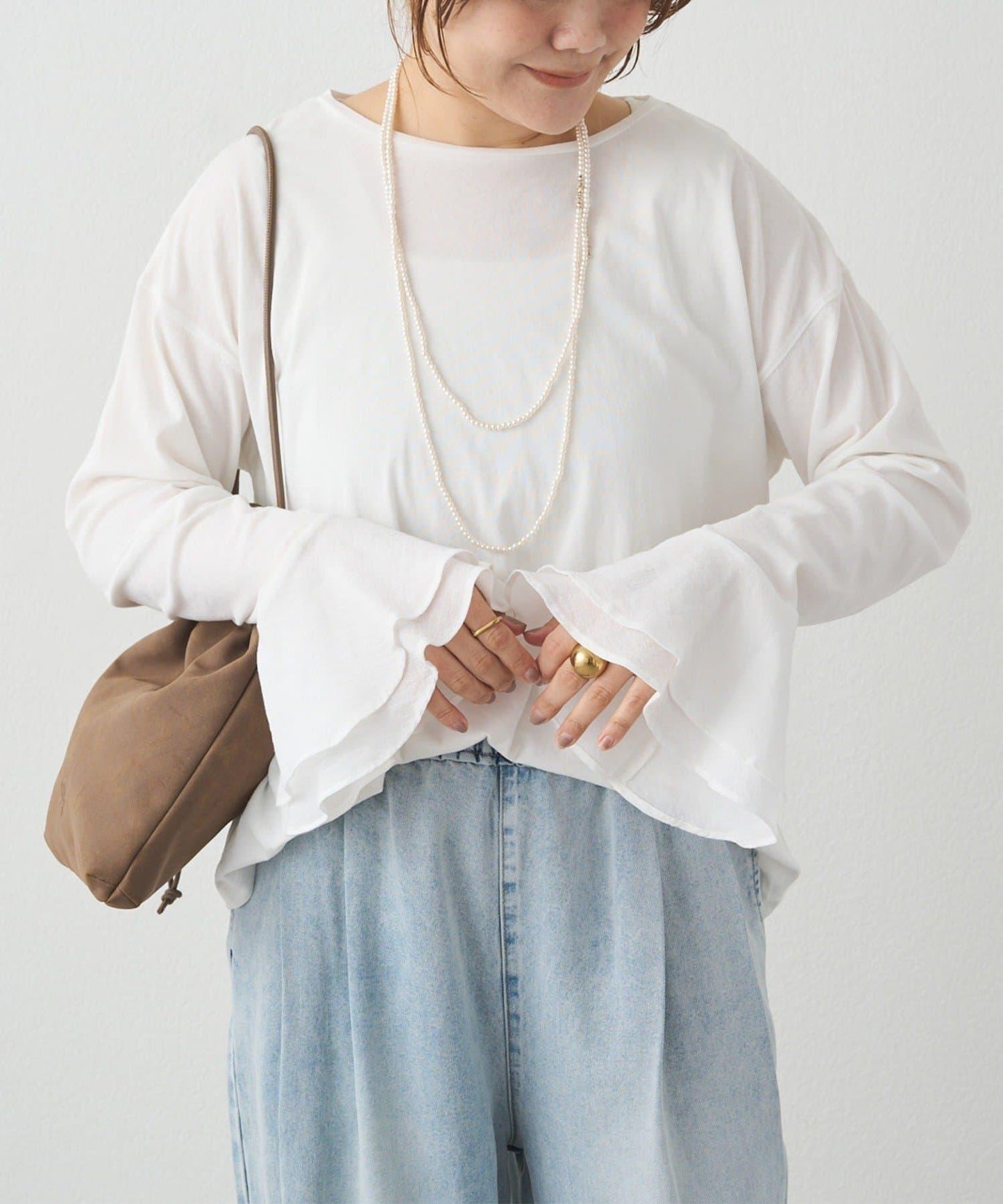 梭織喇叭袖口針織上衣