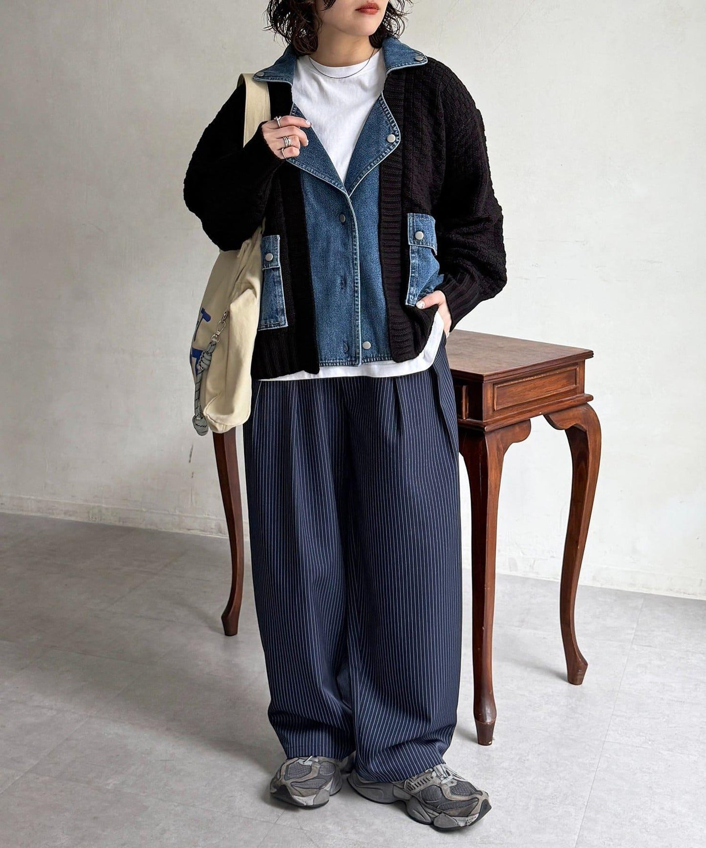 牛仔拼接針織機車夾克