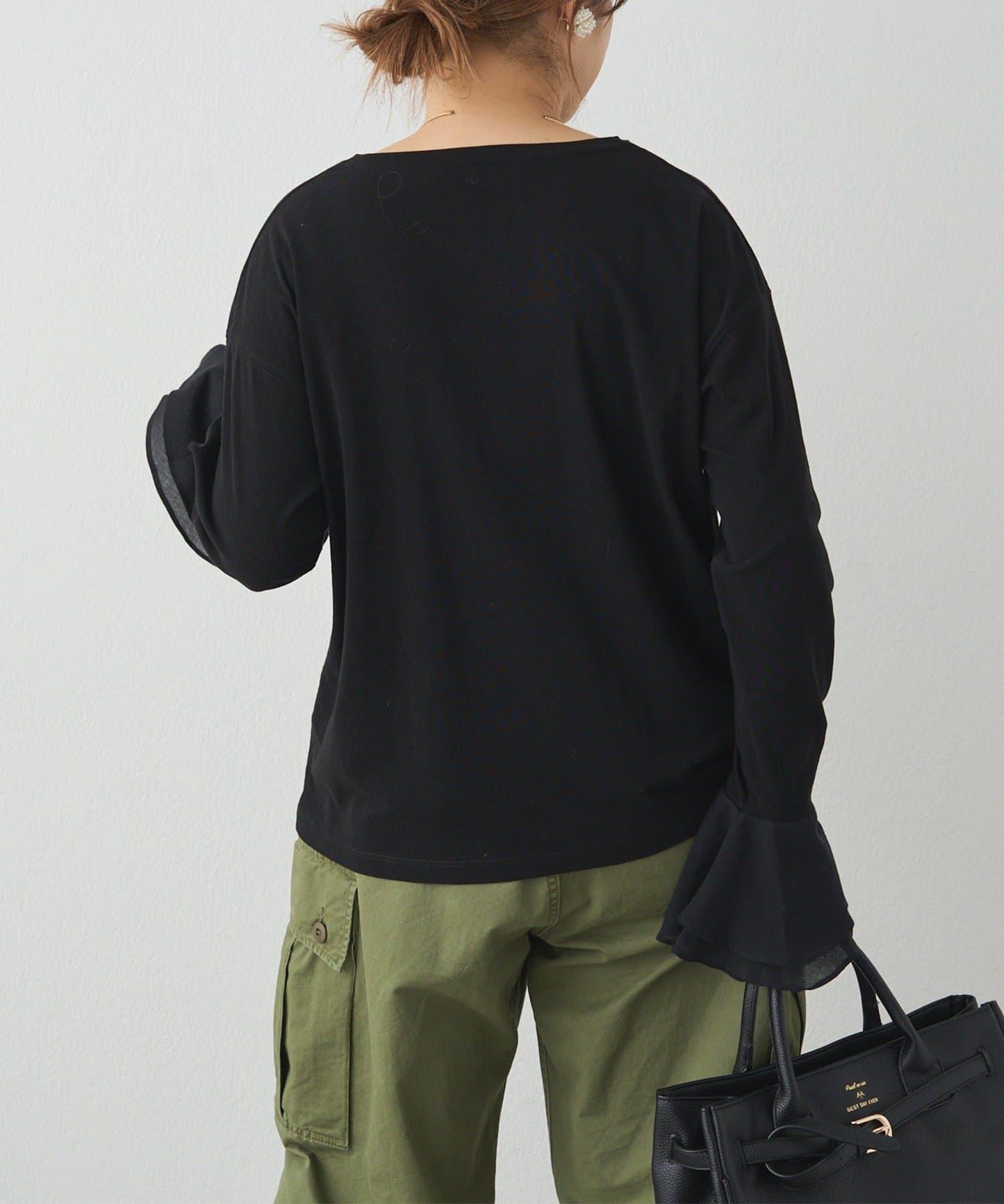 梭織喇叭袖口針織上衣