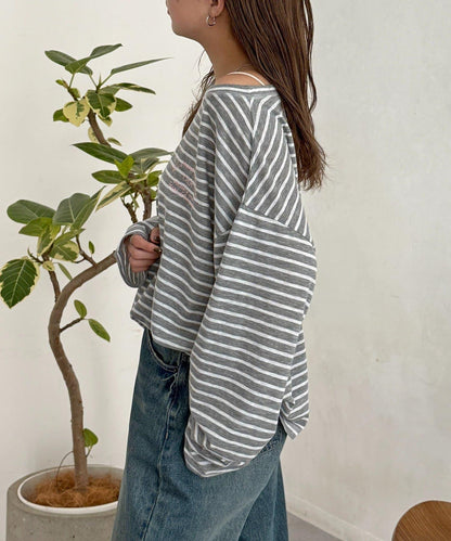 粗節透紗單肩長袖T恤