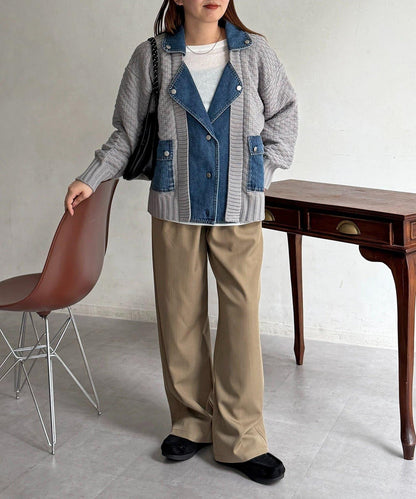 牛仔拼接針織機車夾克