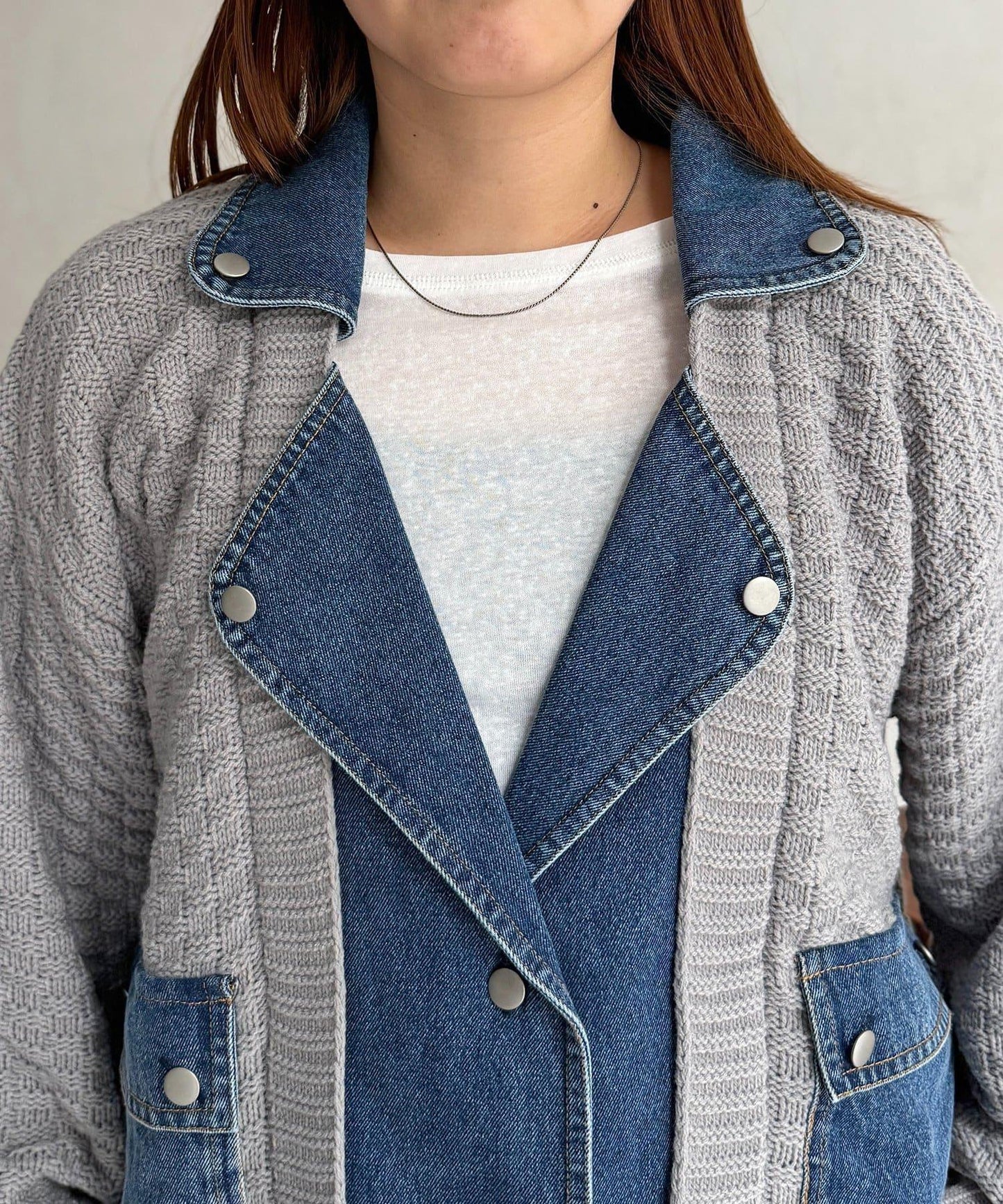 牛仔拼接針織機車夾克