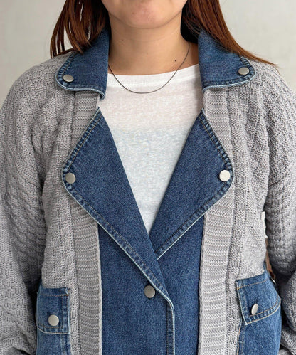 牛仔拼接針織機車夾克