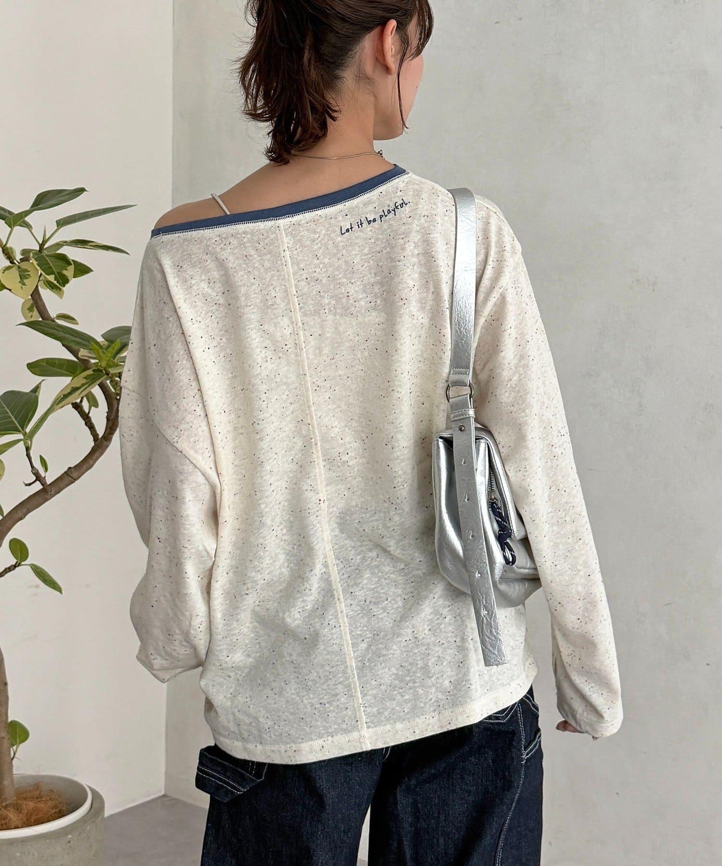 粗節透紗單肩長袖T恤