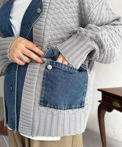 牛仔拼接針織機車夾克