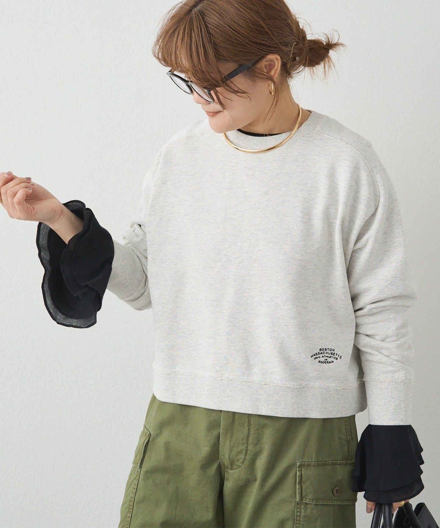 梭織喇叭袖口針織上衣