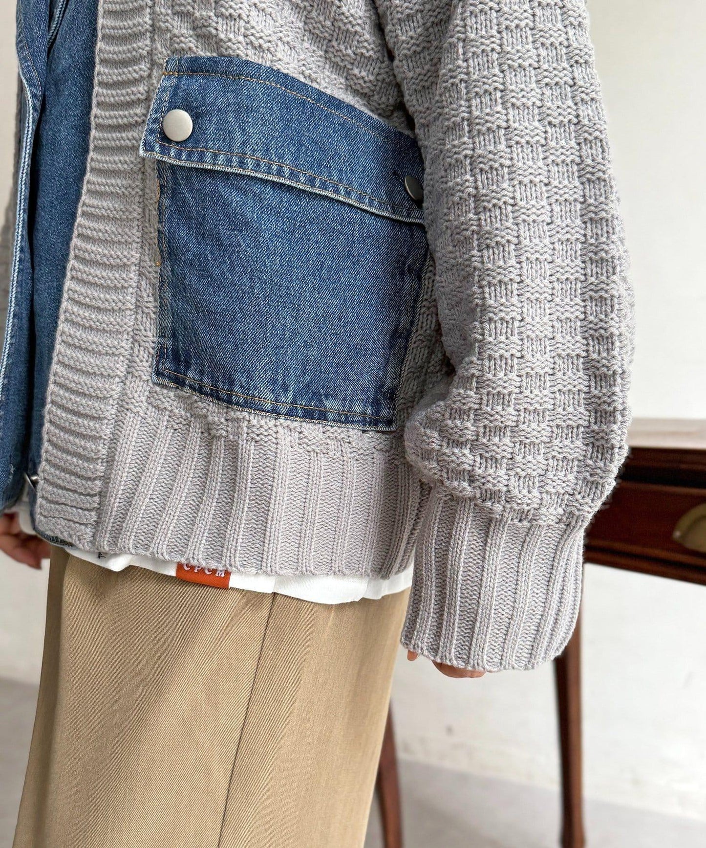 牛仔拼接針織機車夾克