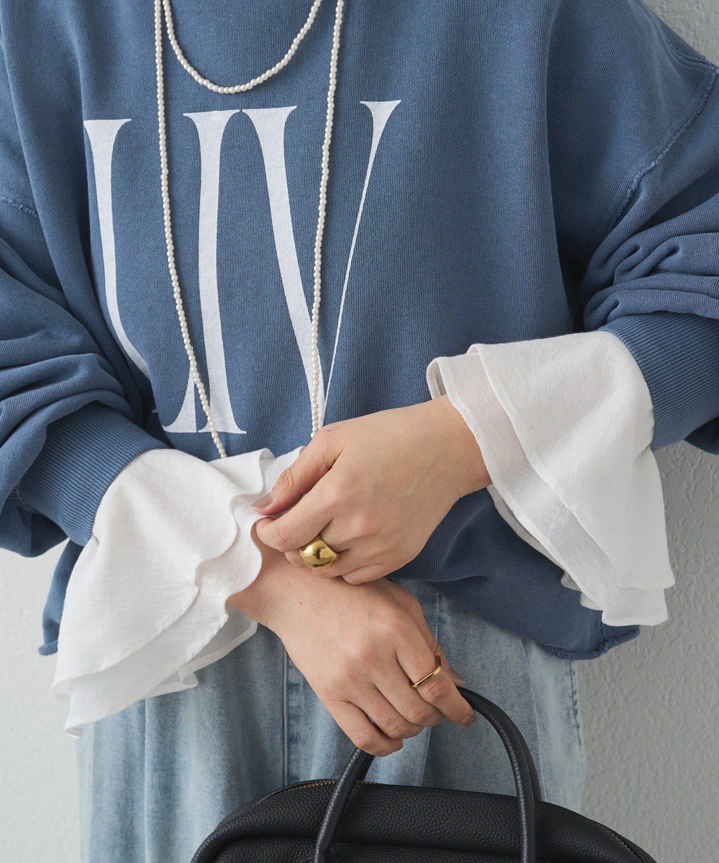 梭織喇叭袖口針織上衣