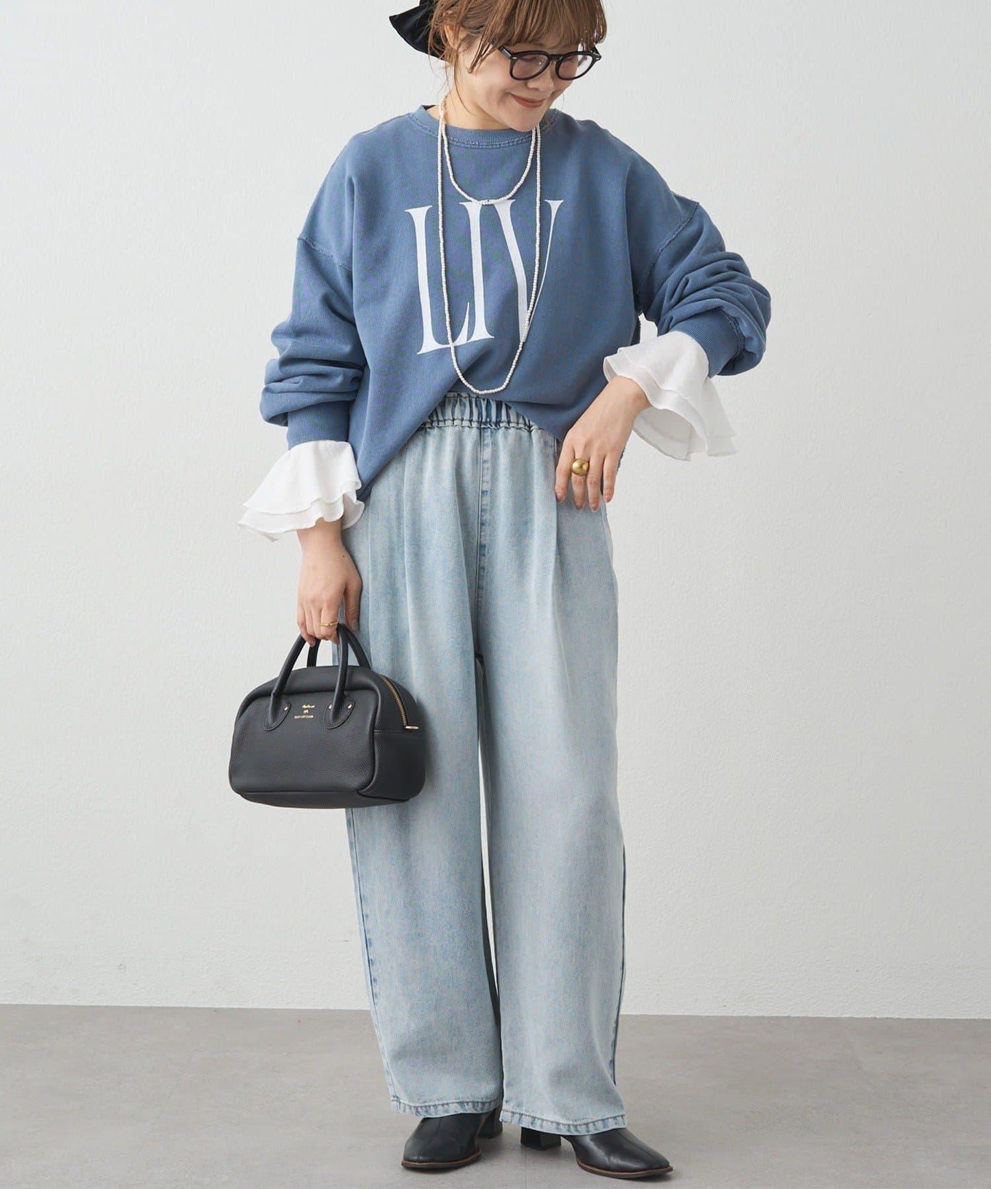 梭織喇叭袖口針織上衣