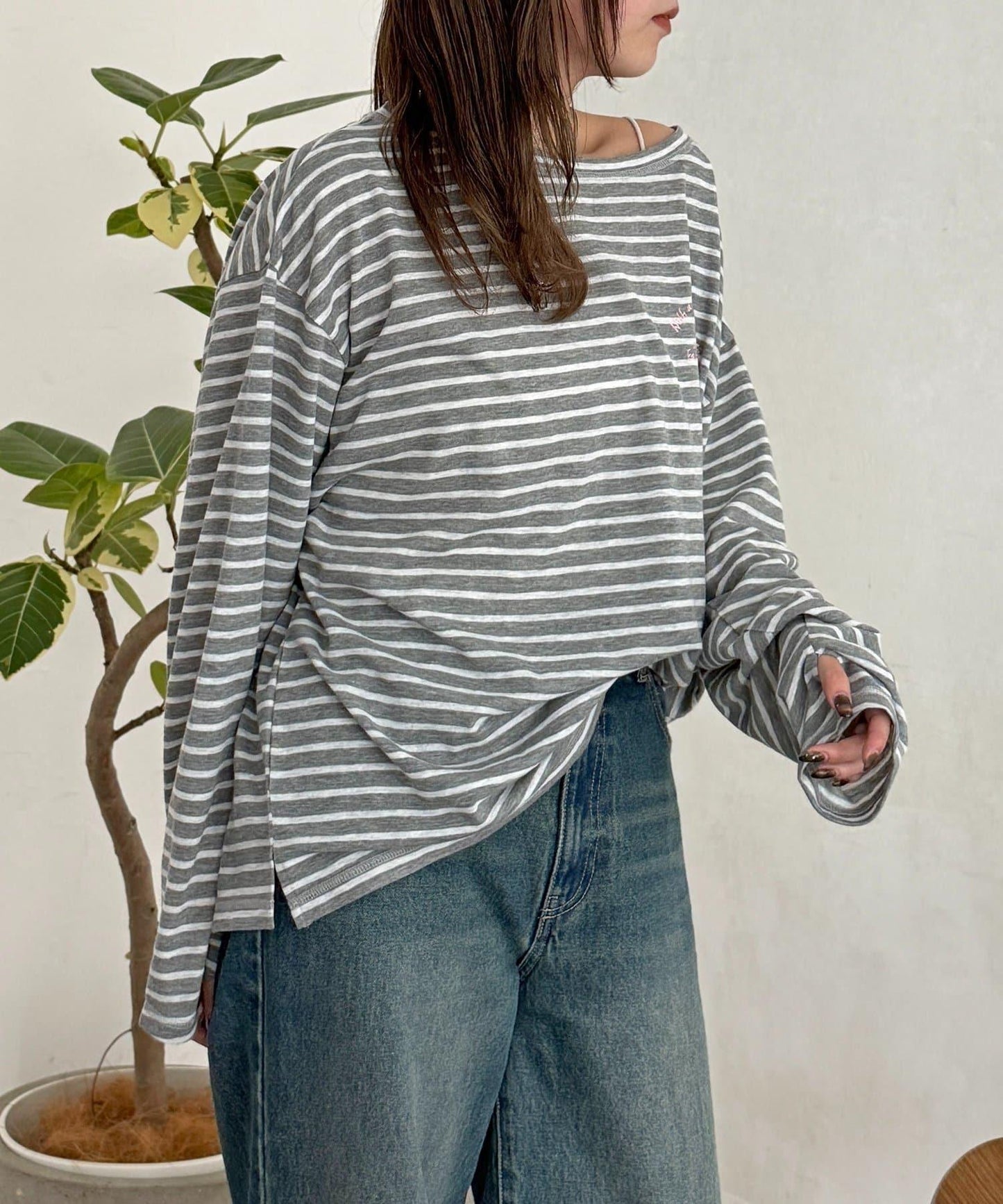 粗節透紗單肩長袖T恤