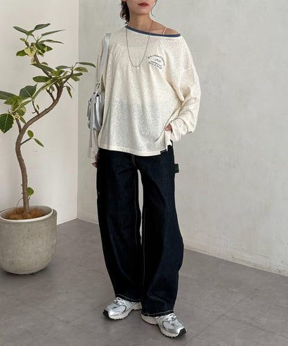 粗節透紗單肩長袖T恤