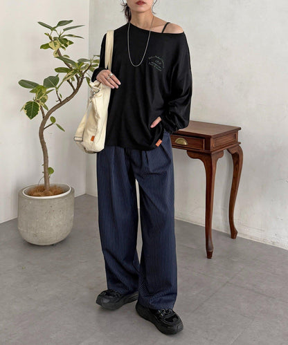 粗節透紗單肩長袖T恤