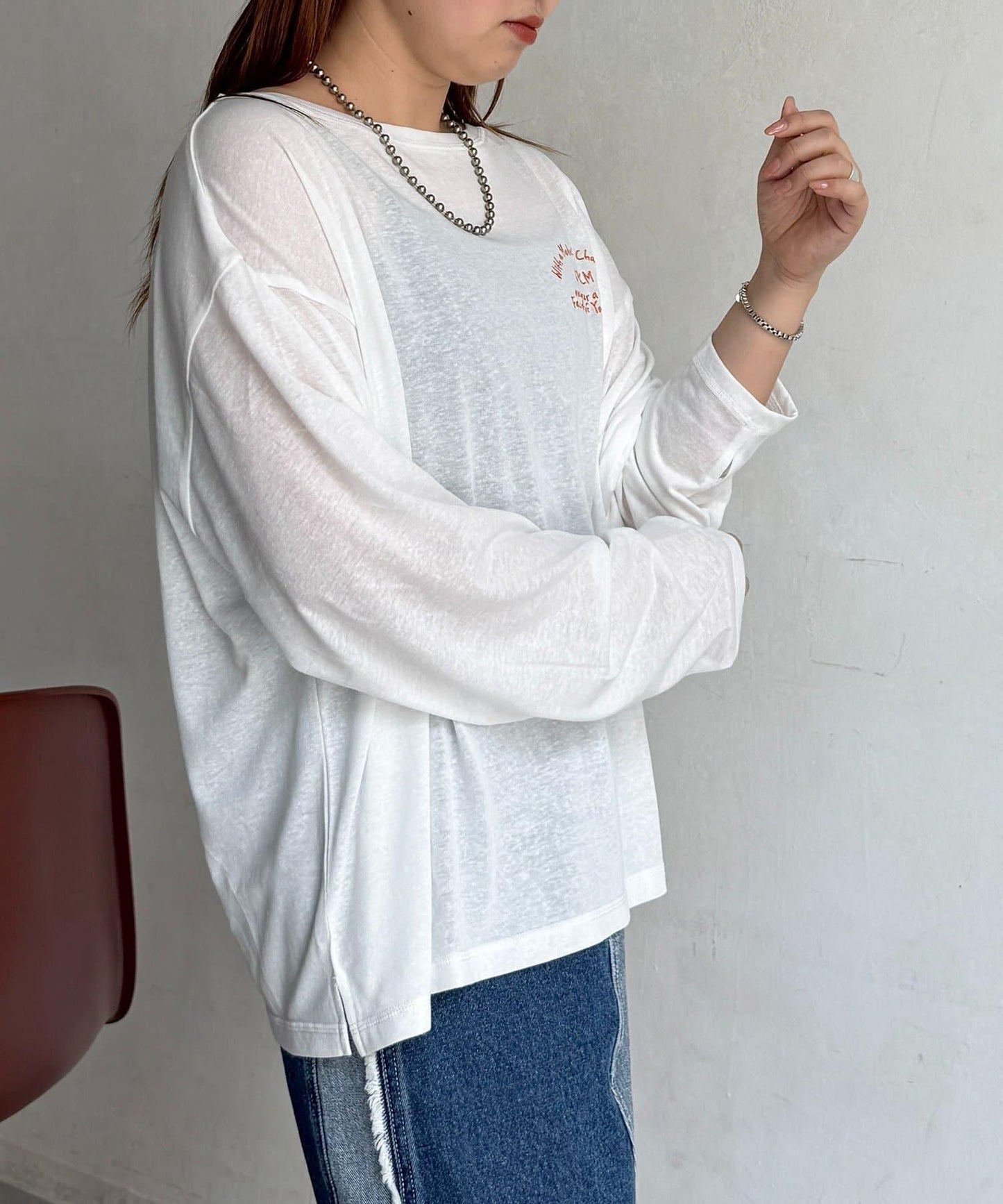 粗節透紗單肩長袖T恤
