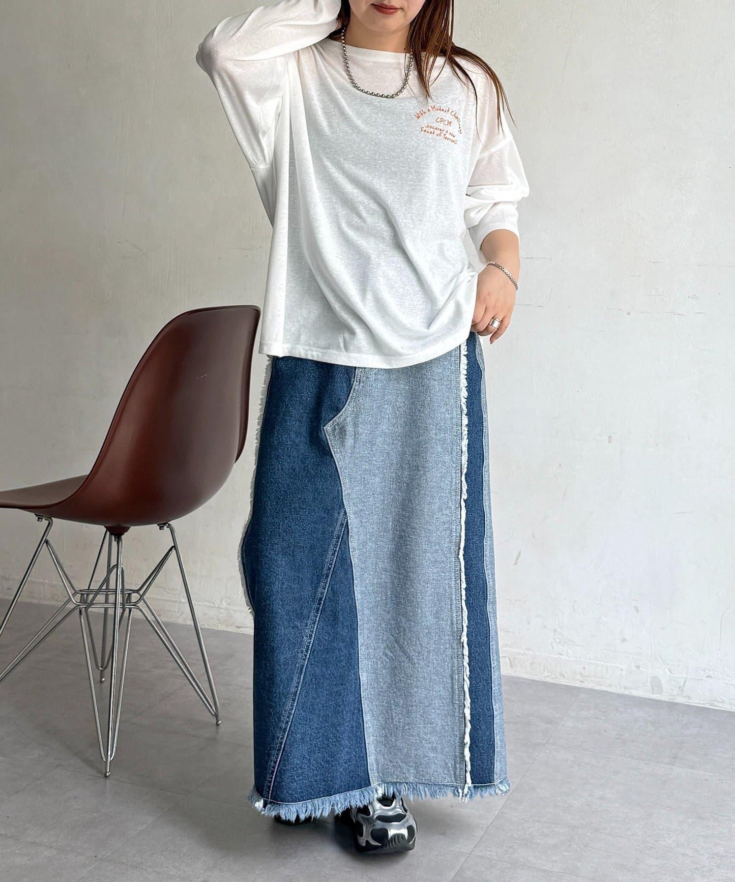 粗節透紗單肩長袖T恤