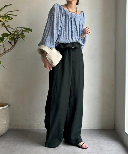 一字肩圓點提花襯衫