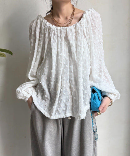 一字肩圓點提花襯衫