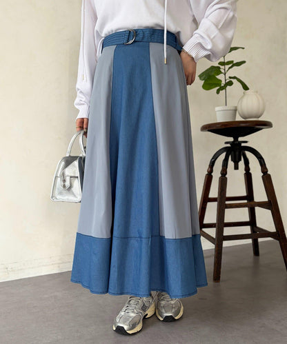 牛仔拼接喇叭半身裙