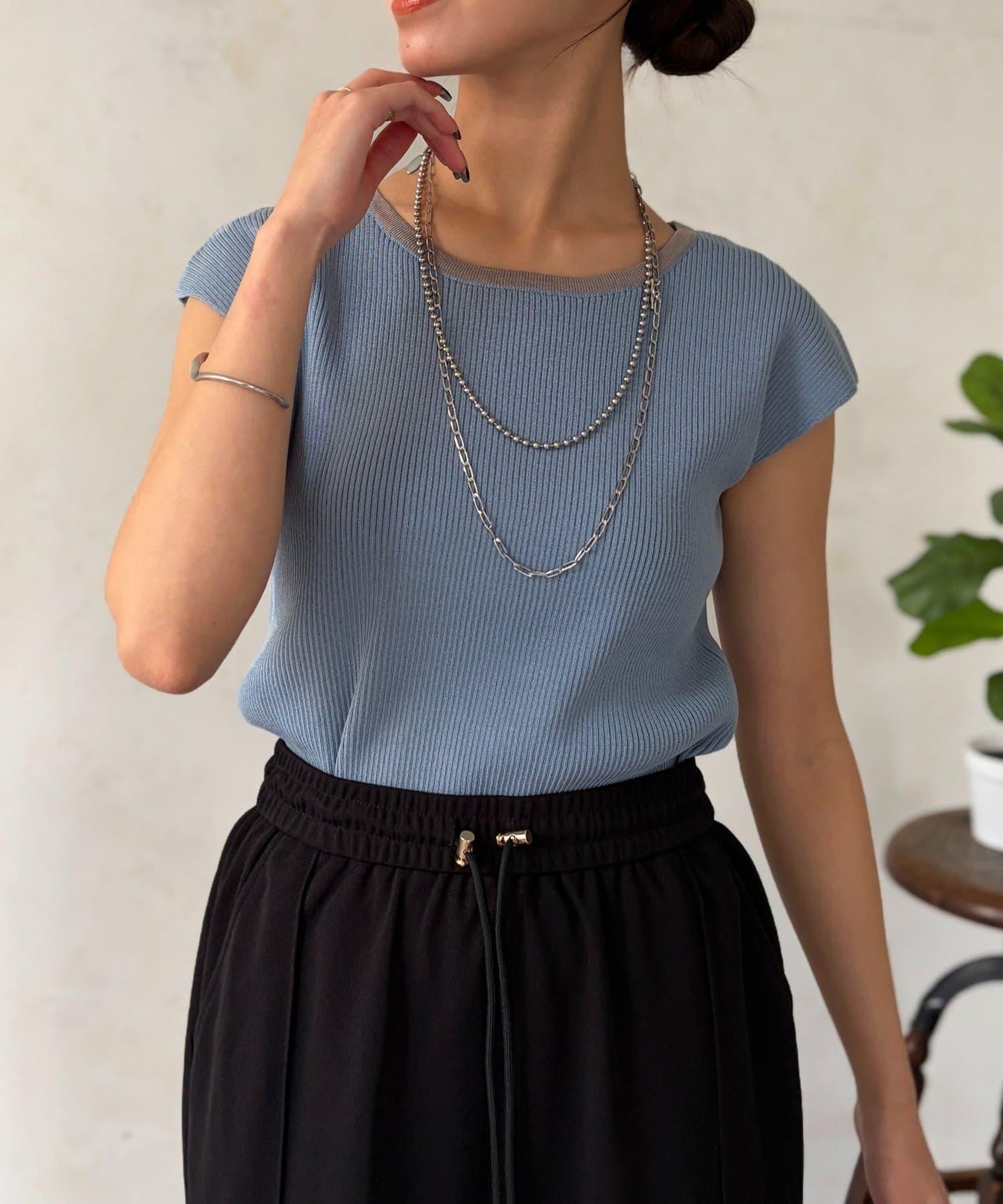 拼色法式袖針織上衣