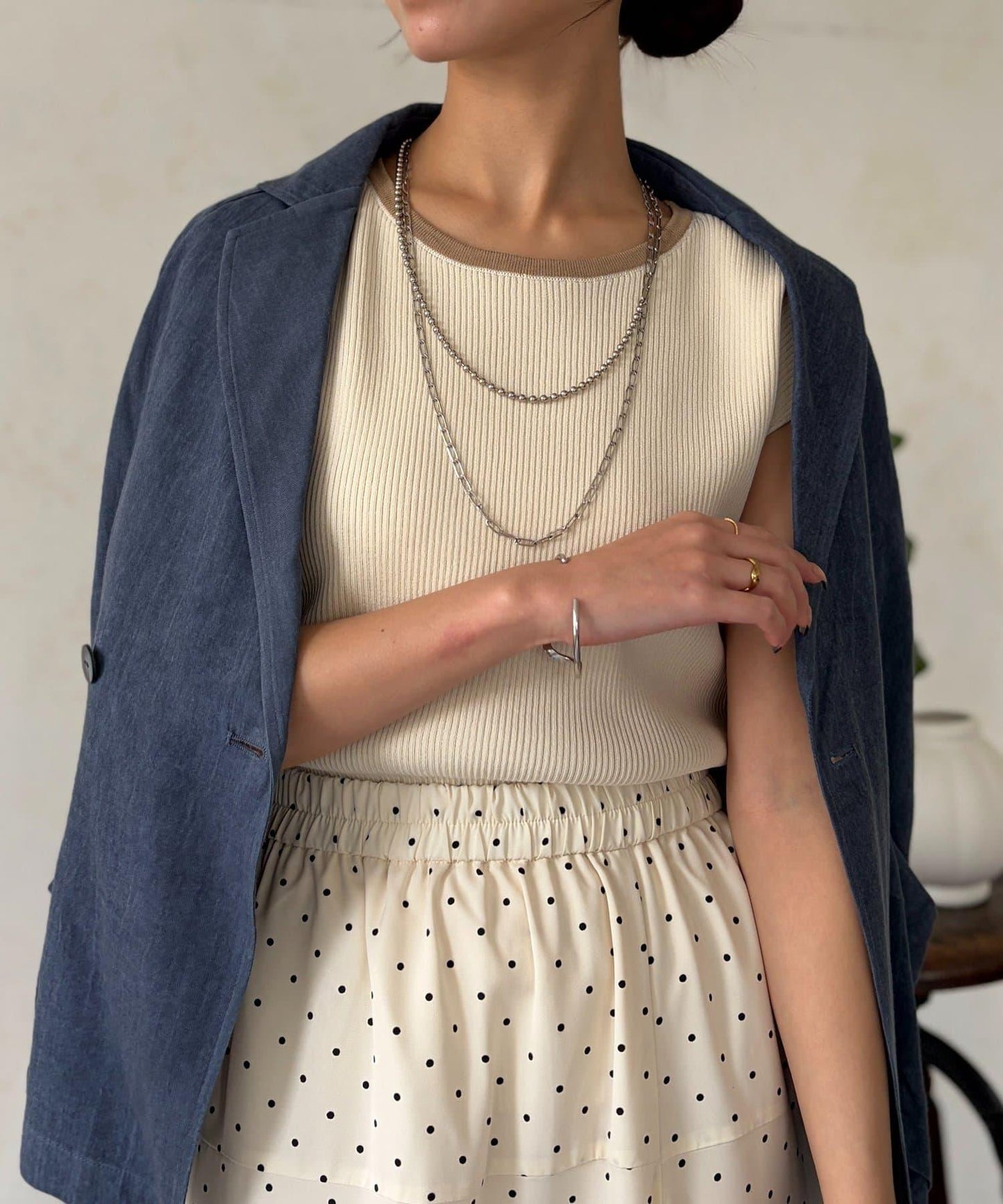 拼色法式袖針織上衣