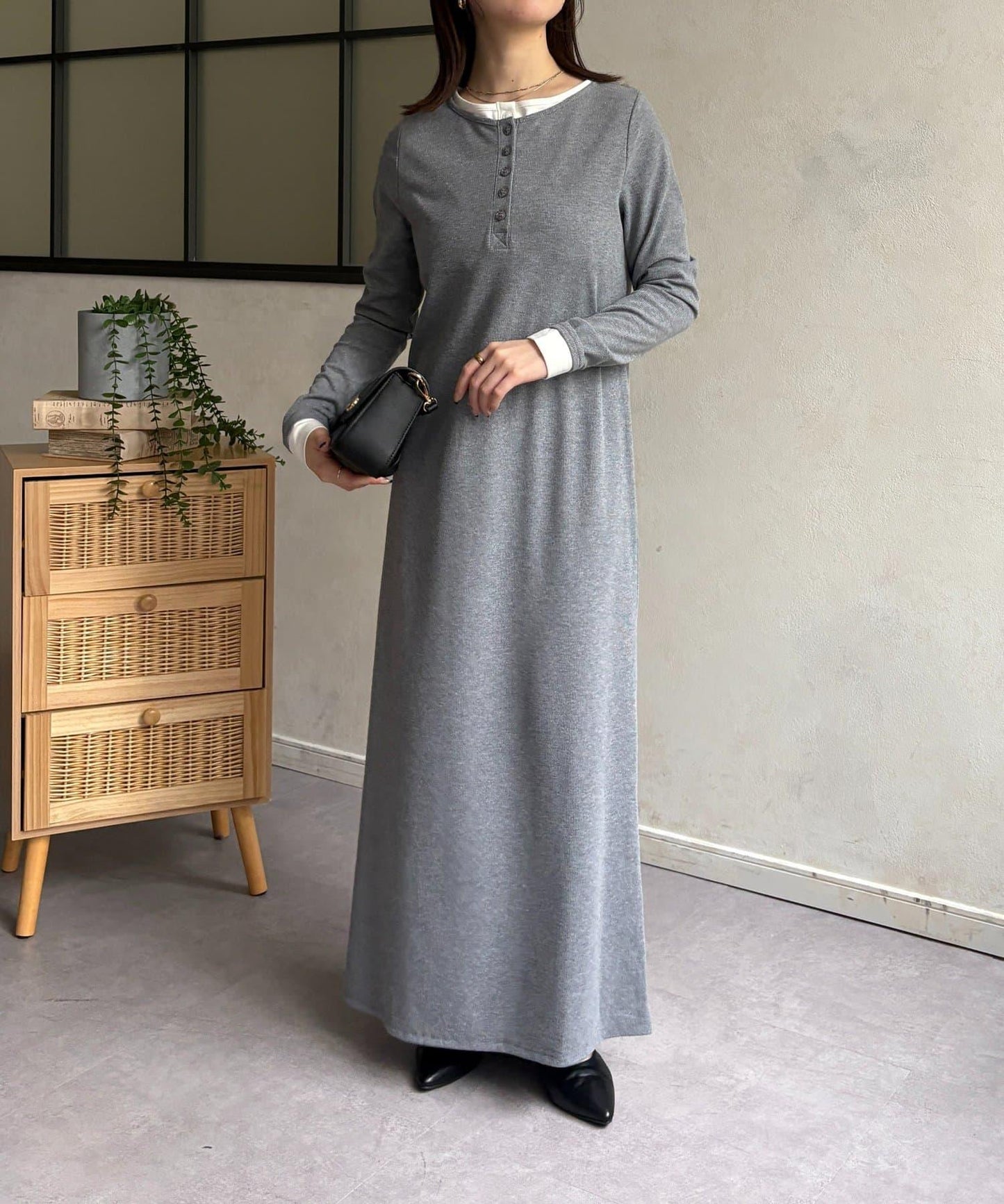 羅紋假兩件亨利領連衣裙