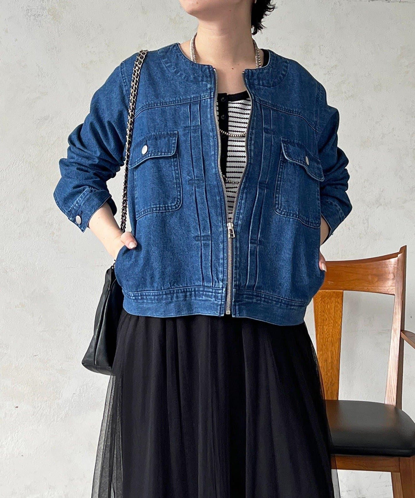 無領拉鍊牛仔短外套