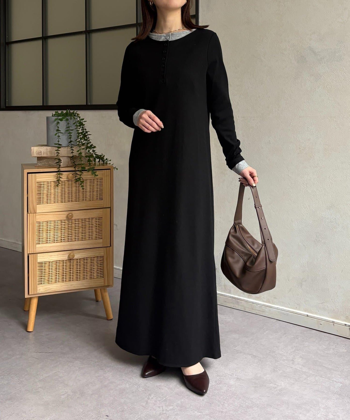 羅紋假兩件亨利領連衣裙