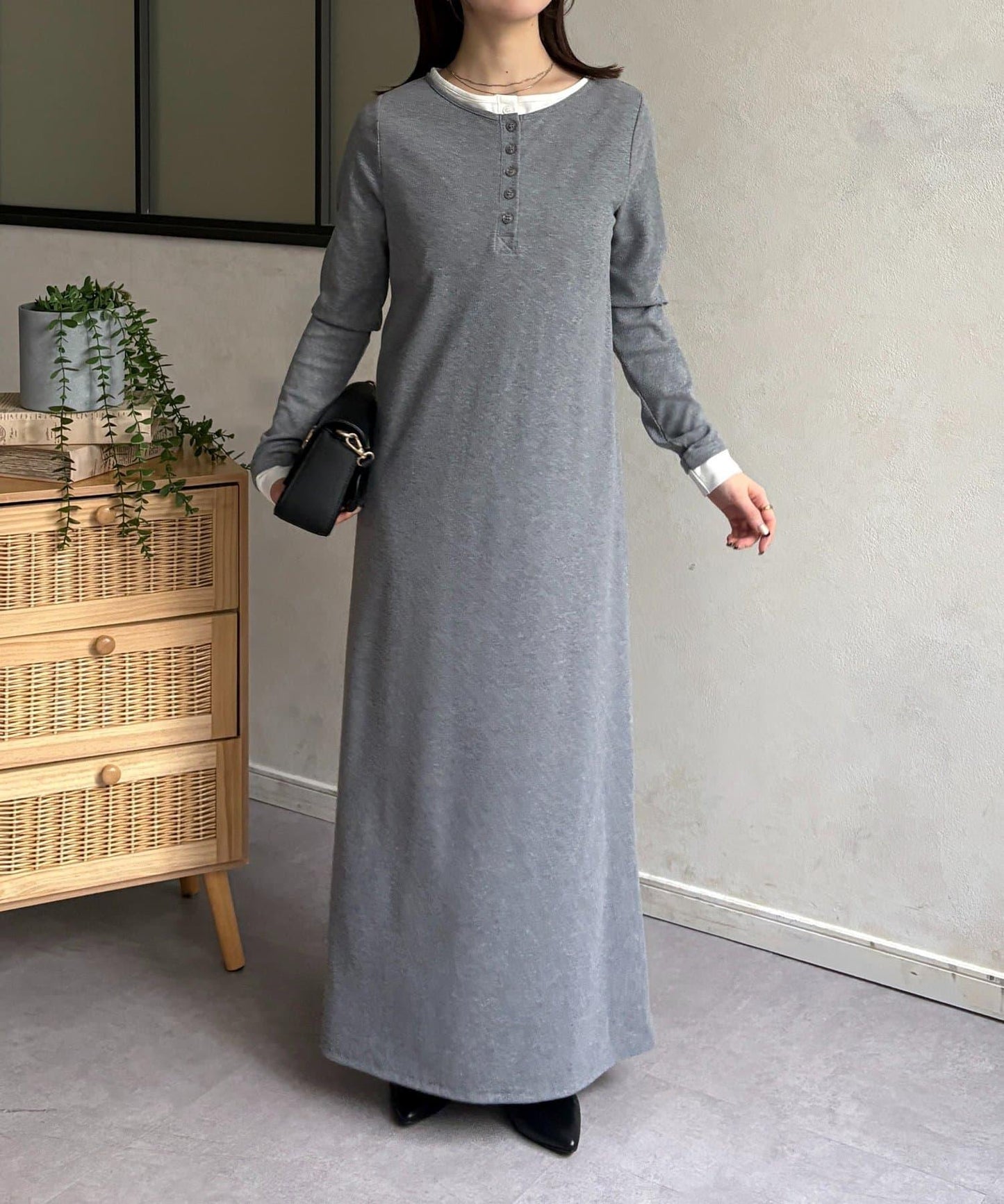 羅紋假兩件亨利領連衣裙