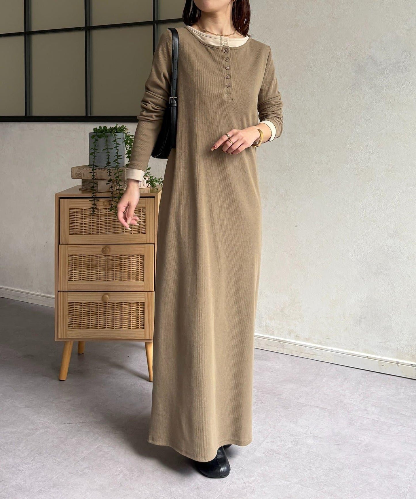 羅紋假兩件亨利領連衣裙